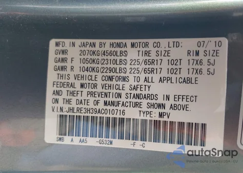 2010 Honda Cr-V Lx from USA, damaged, VIN JHLRE3H39AC010716